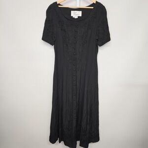 Vintage Sarah Elizabeth Black Embroidered Button Front Midi Dress Women's